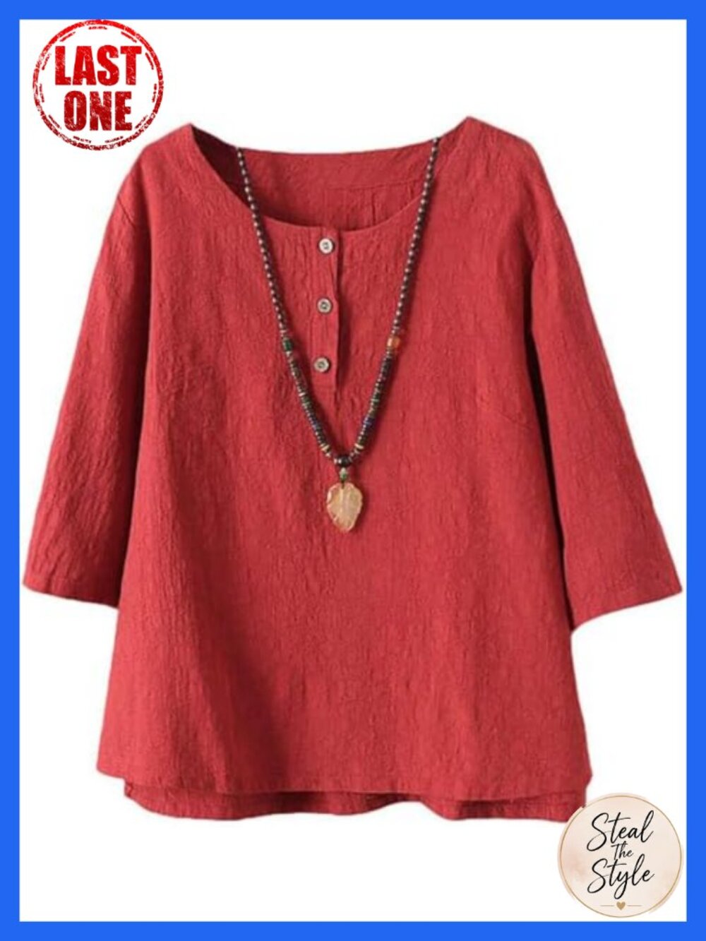 Women's 3/4 Sleeve Button Down Cotton Linen Blouse Tunic Top